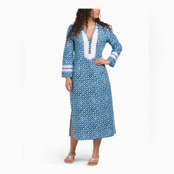 Sail to Sable Midi Teardrop Printed Caftan Cotton Dress Blue White Small NWT - Picture 1 of 5